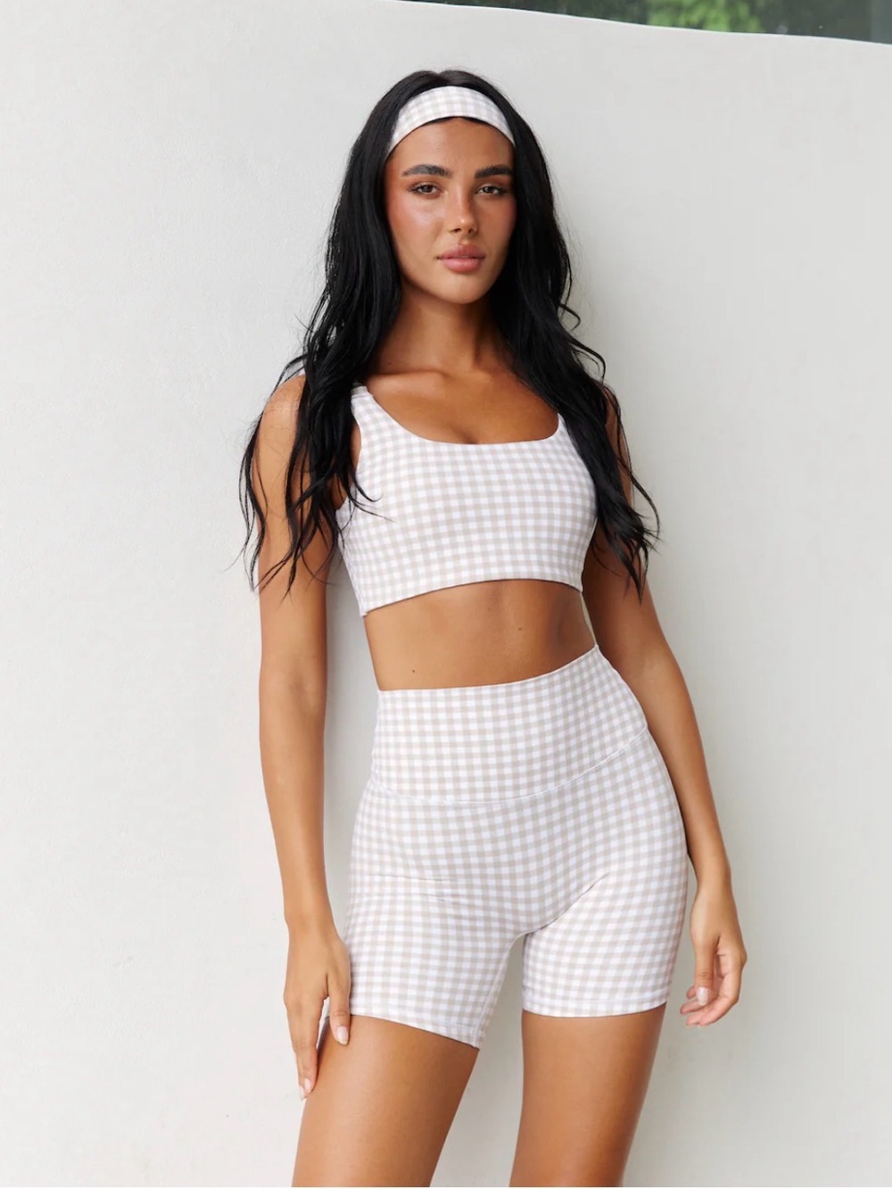 Gingham Ruched Strap Crop Top & High-Waist Bike Shorts Set - Beige White